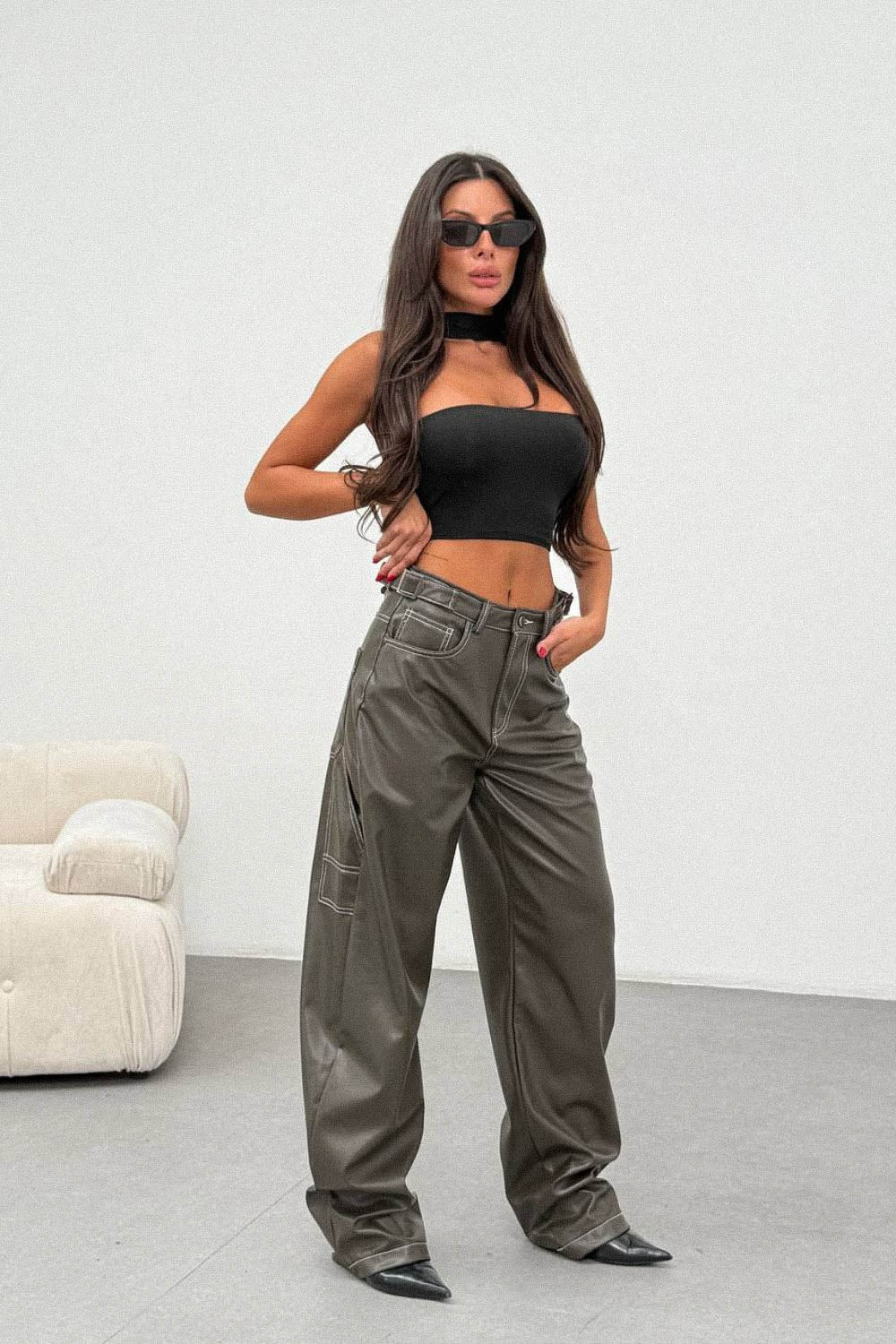 Routines LeatherLook Carpenter Jeans - Dark Green 309-4 Pants Routines Fashion