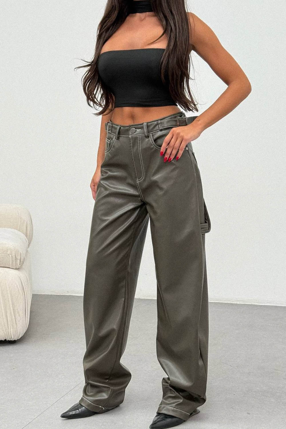 Routines LeatherLook Carpenter Jeans - Dark Green 309-4 Pants Routines Fashion