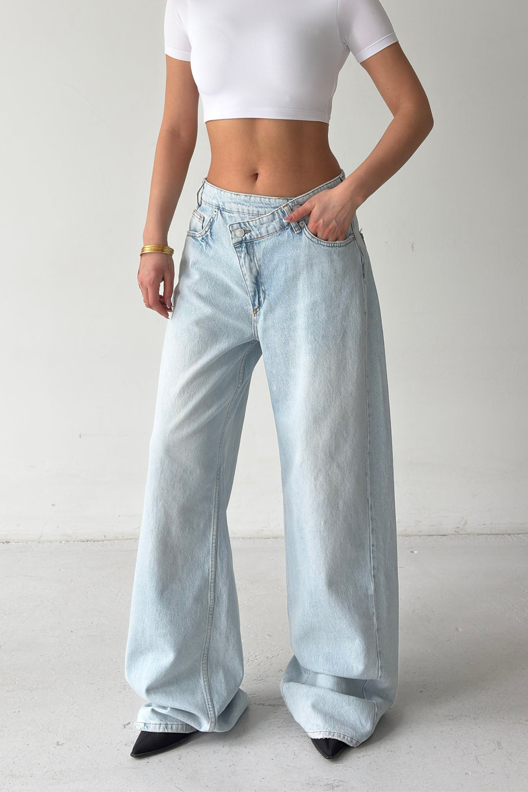 Routines Washed Cross Button Jeans - Light Blue 1395-26 - ROUTINES