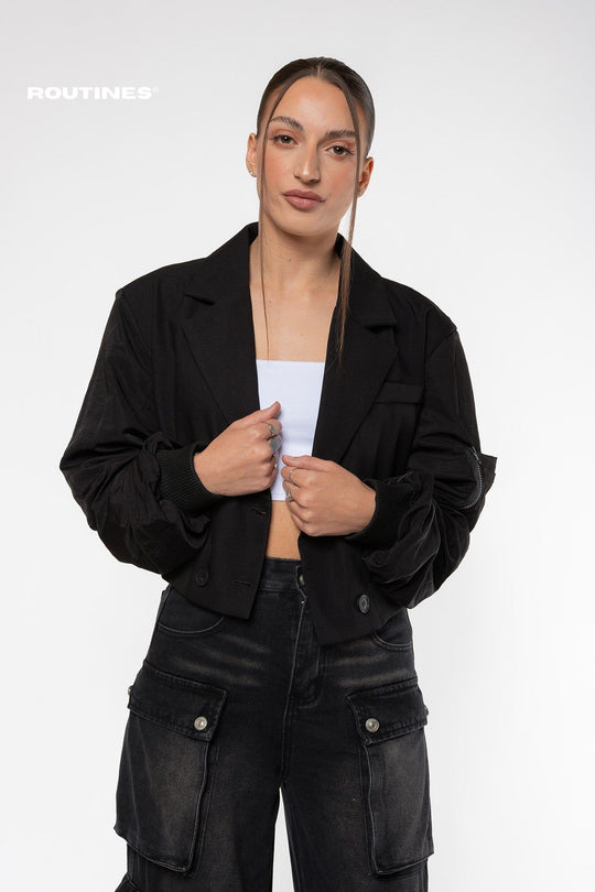 Sarina Cropped Bomber Blazer - Black Blazer Routines Fashion   