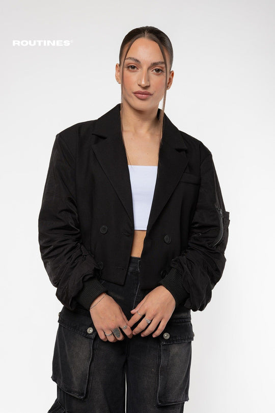 Sarina Cropped Bomber Blazer - Black Blazer Routines Fashion   