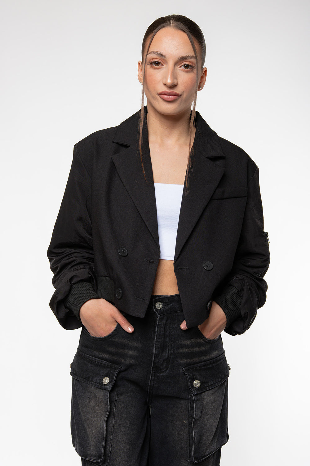 Sarina Cropped Bomber Blazer - Black Blazer Routines Fashion   
