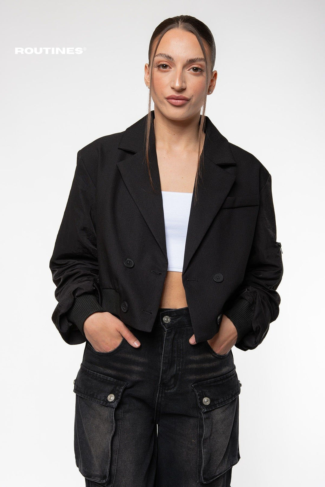 Sarina Cropped Bomber Blazer - Black Blazer Routines Fashion   