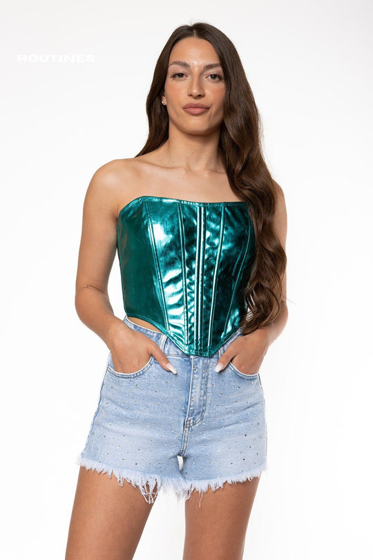 Sasha Metallic Corset Top - Aqua Blue Top Routines Fashion   