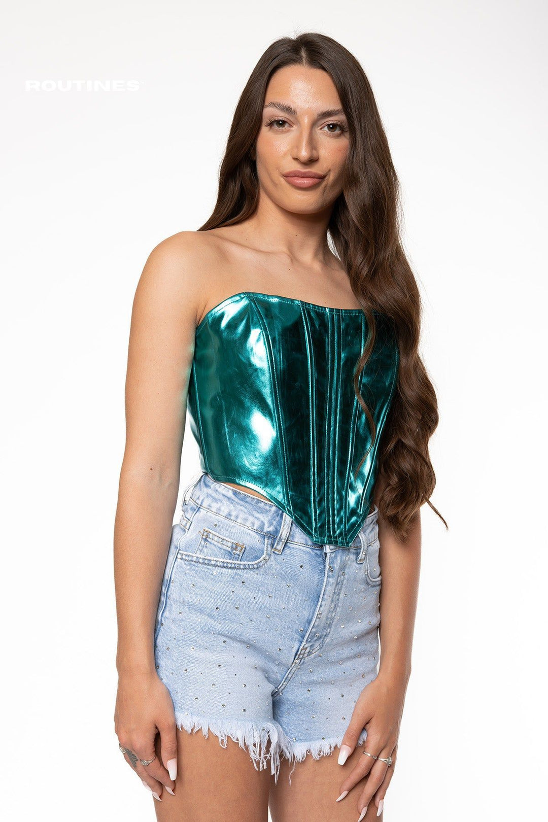 Sasha Metallic Corset Top - Aqua Blue Top Routines Fashion   