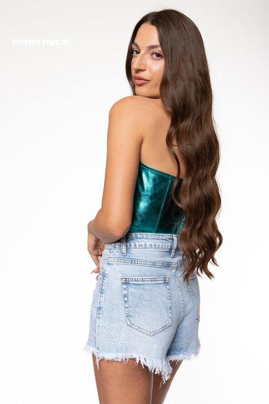 Sasha Metallic Corset Top - Aqua Blue Top Routines Fashion   