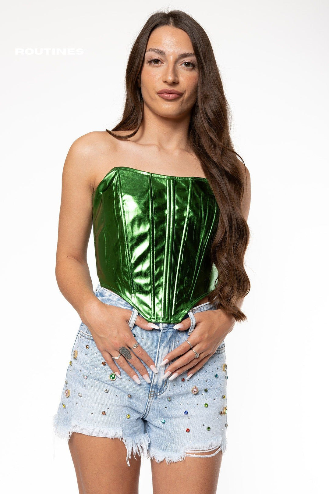 Sasha Metallic Corset Top - Green Top Routines Fashion   