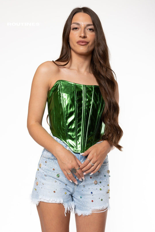 Sasha Metallic Corset Top - Green Top Routines Fashion   