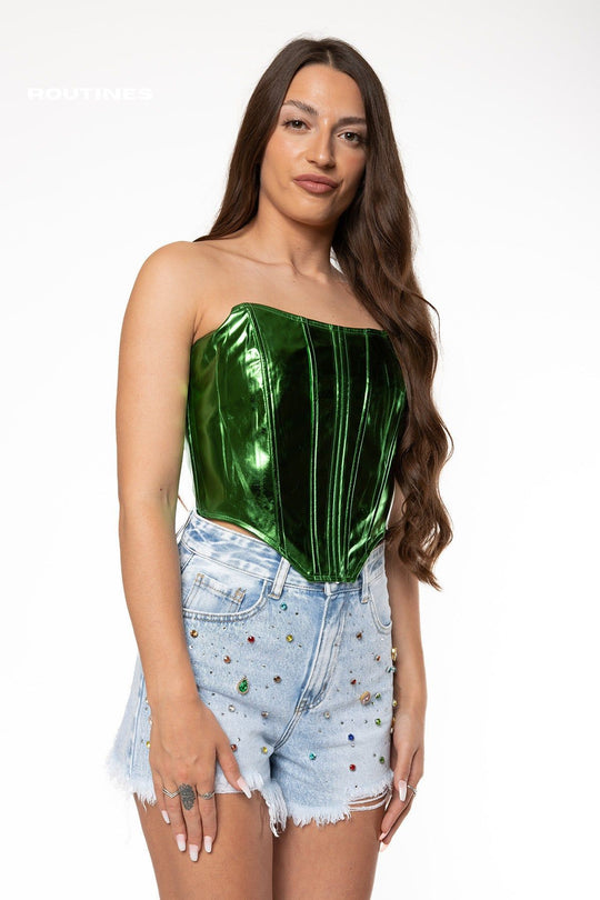 Sasha Metallic Corset Top - Green Top Routines Fashion   