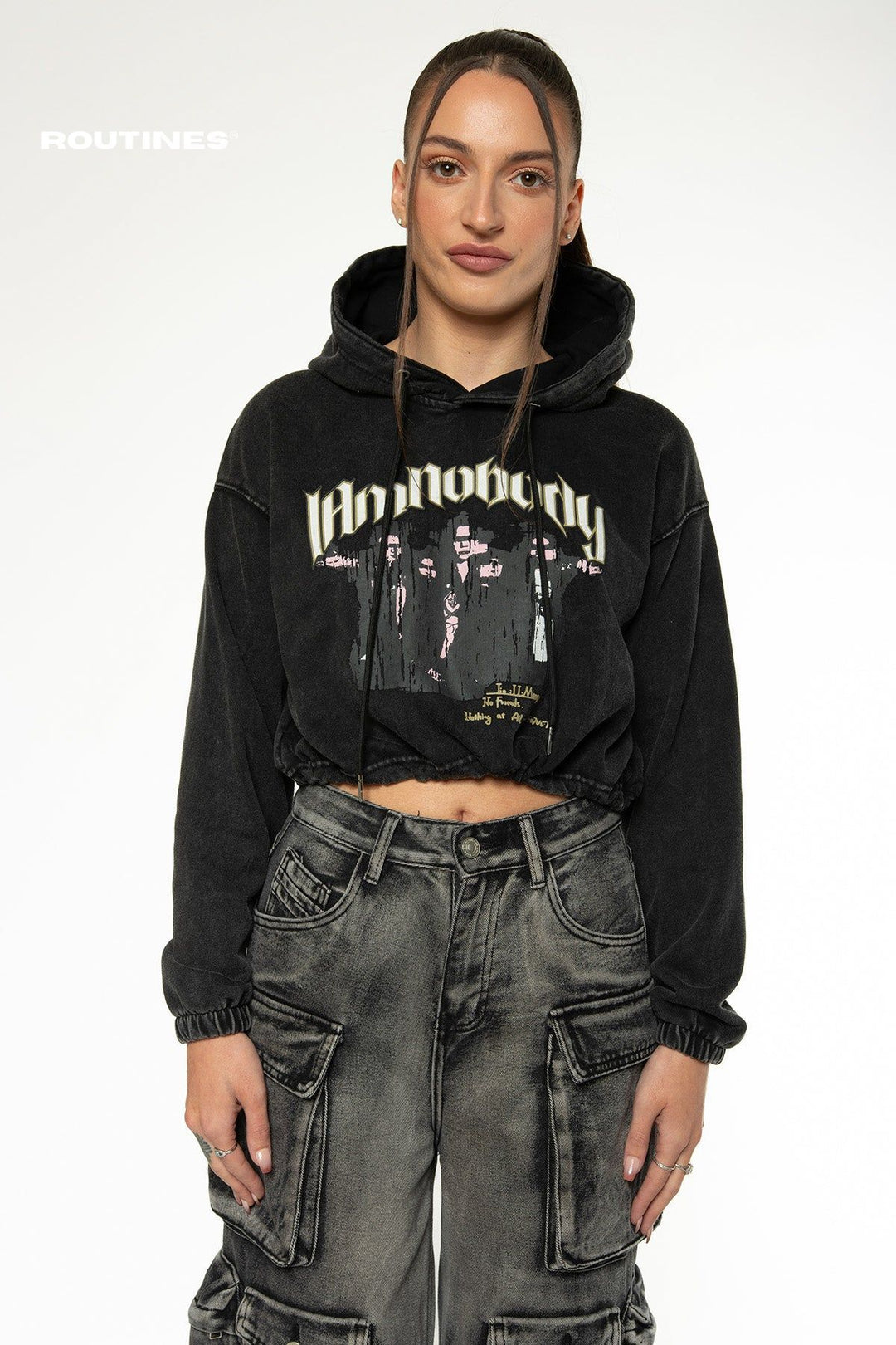 Synna Oversized Cropped Hoodie - Washed Black Hoodie Routines Fashion   