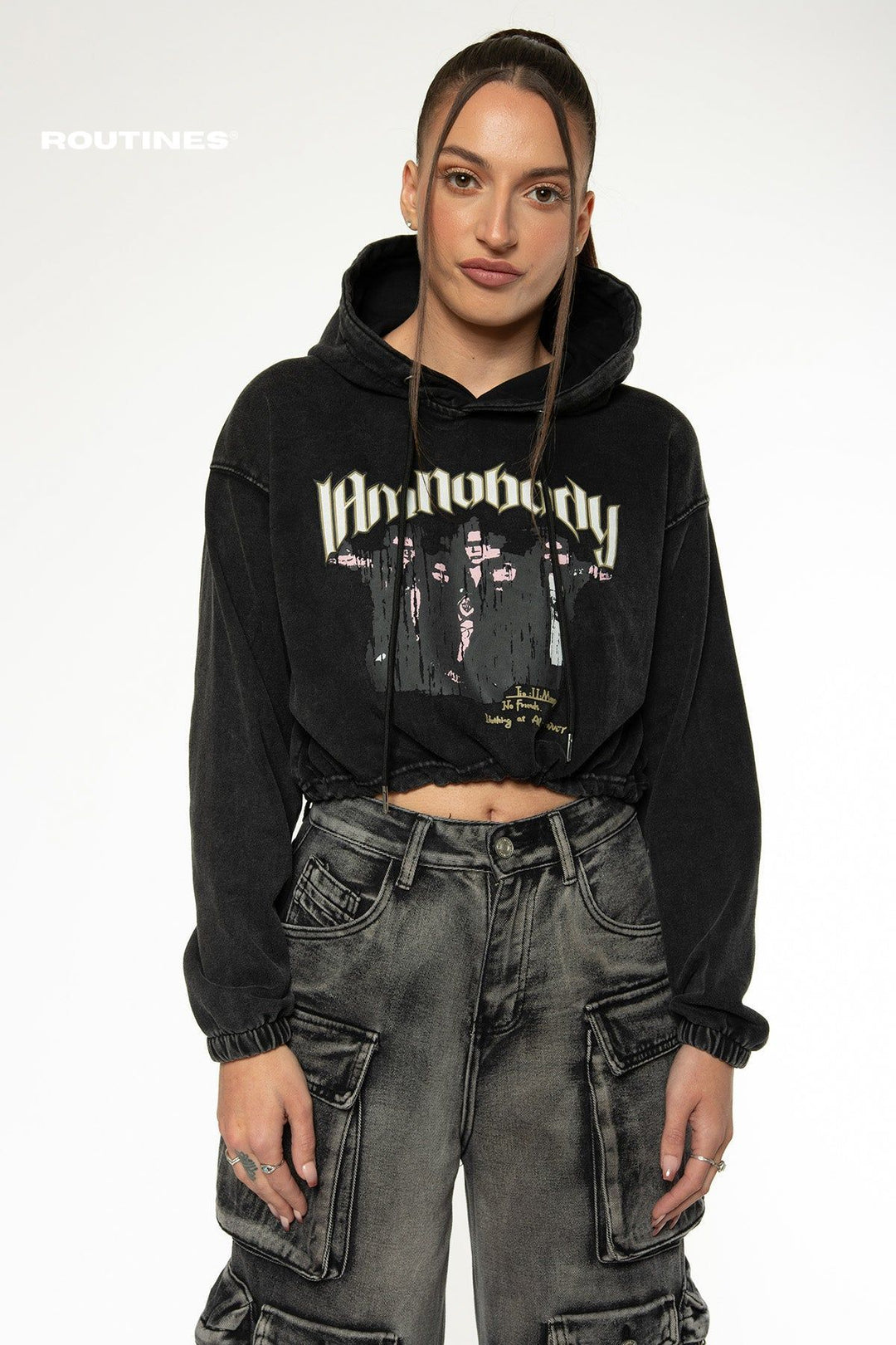 Synna Oversized Cropped Hoodie - Washed Black Hoodie Routines Fashion   