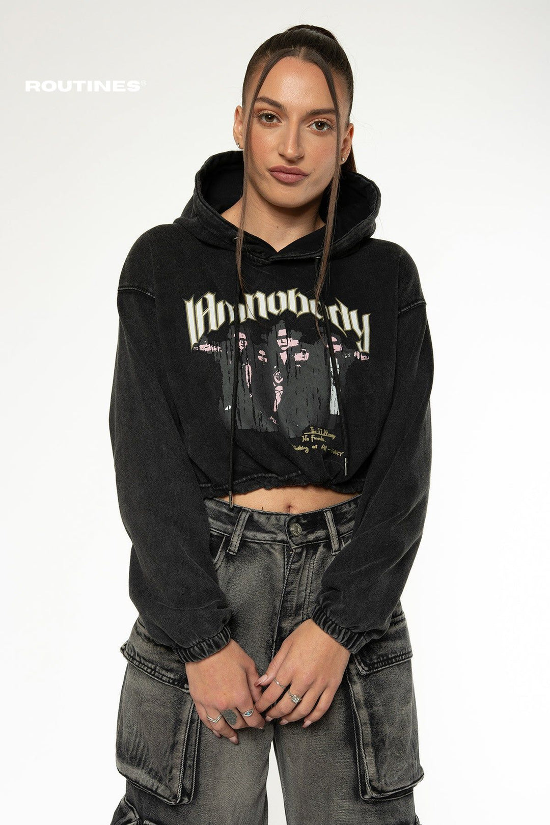 Synna Oversized Cropped Hoodie - Washed Black Hoodie Routines Fashion   