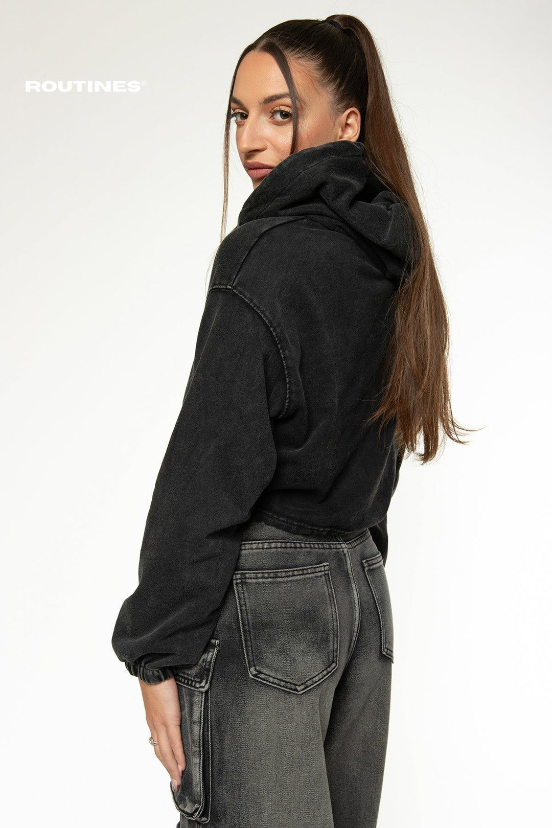 Synna Oversized Cropped Hoodie - Washed Black Hoodie Routines Fashion   