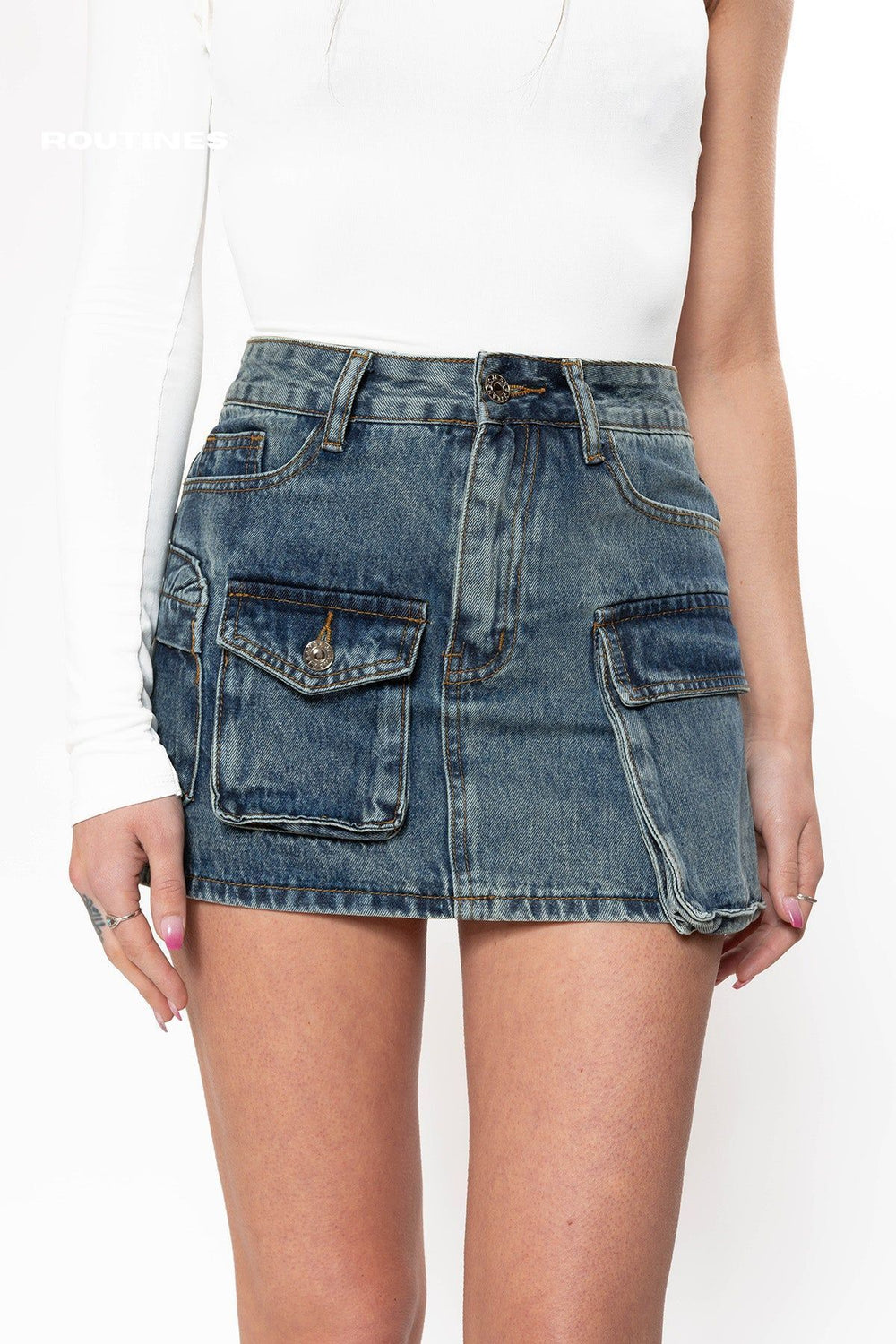 Tracie Multipocket Cargo Denim Skirt - Blue Skirt Routines Fashion   