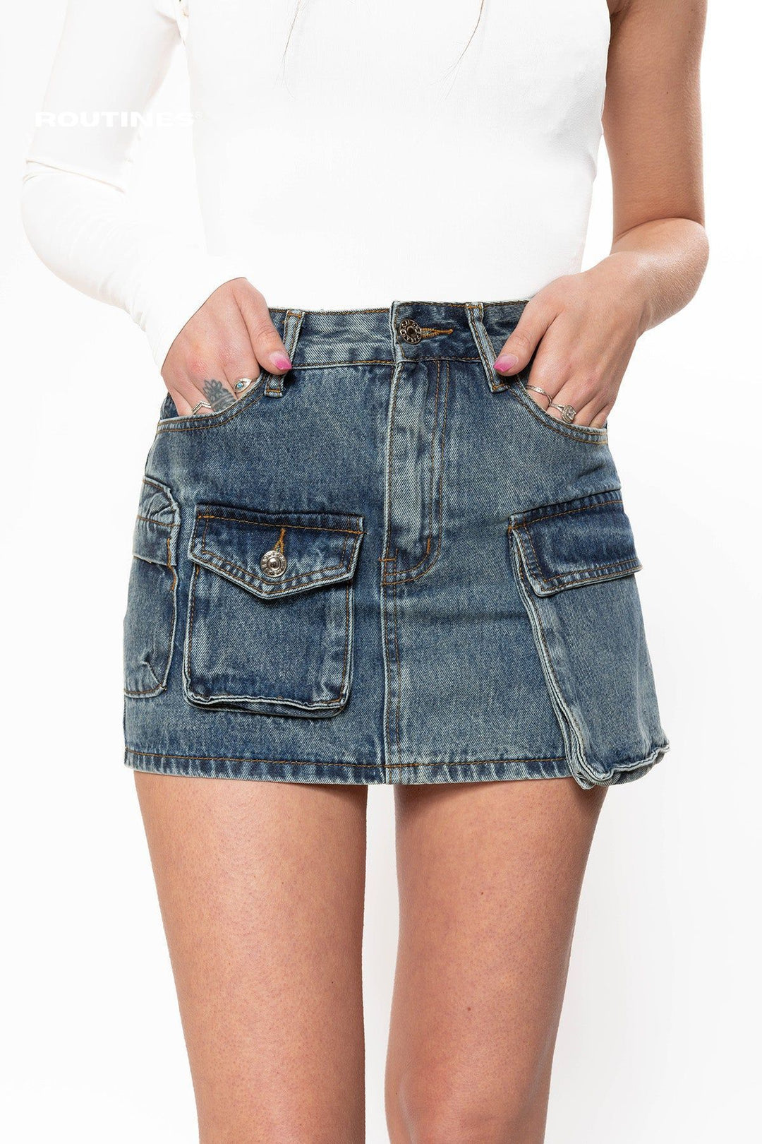 Tracie Multipocket Cargo Denim Skirt - Blue Skirt Routines Fashion   