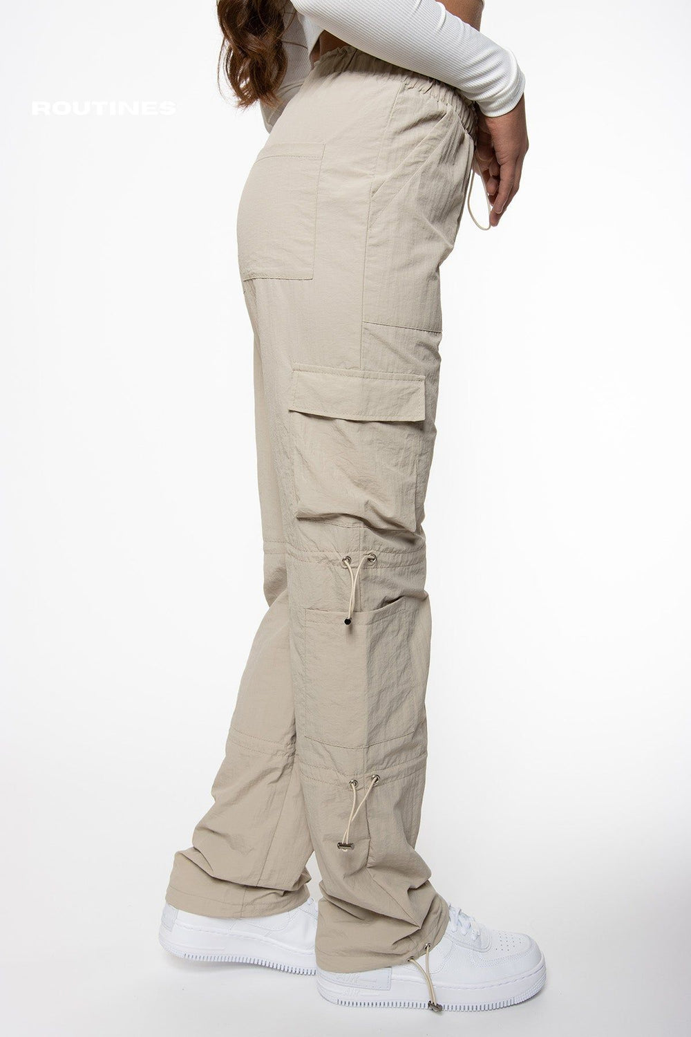 Addilyn Cargo Parachute Pants - Beige Pants Routines Fashion   