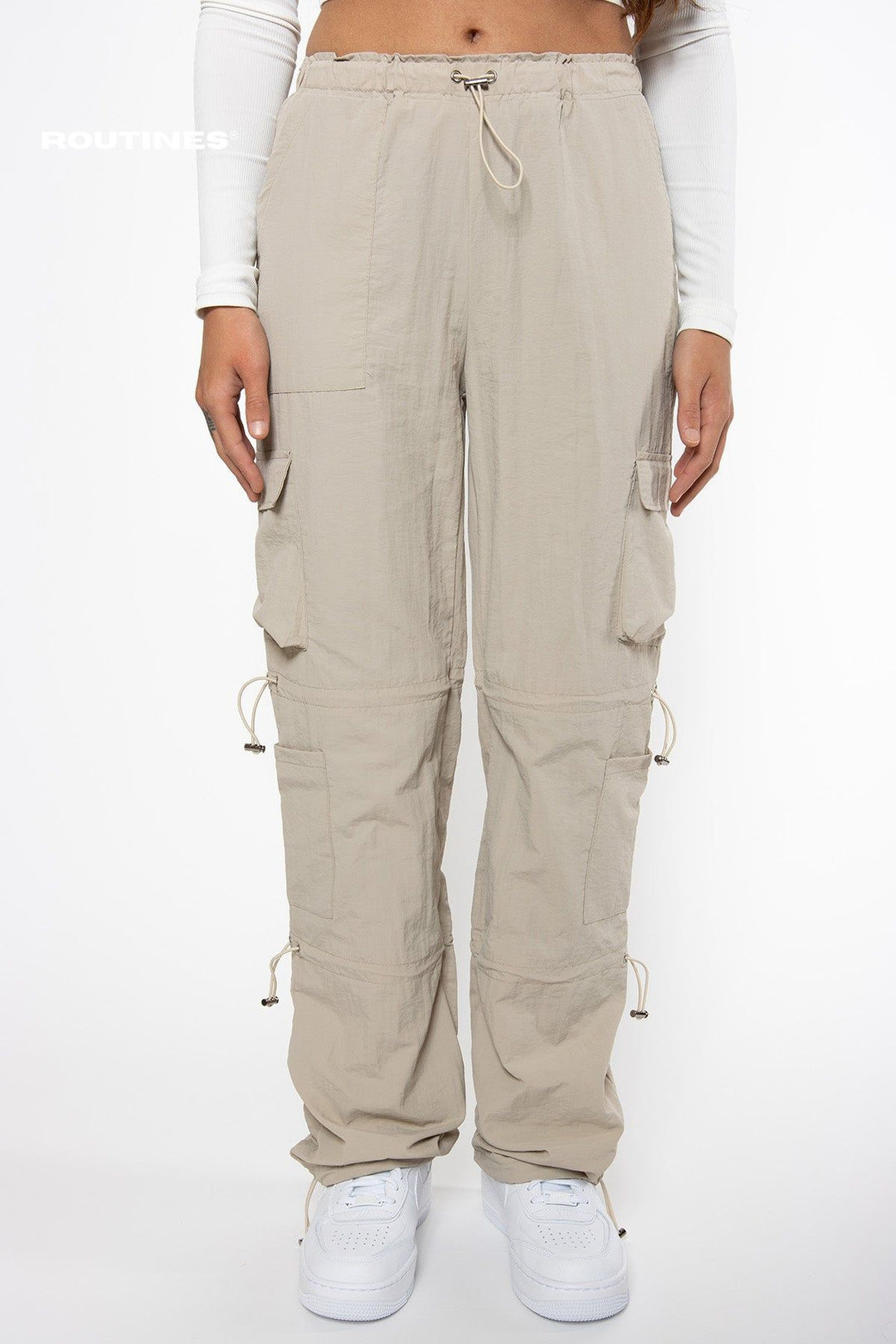 Addilyn Cargo Parachute Pants - Beige Pants Routines Fashion   