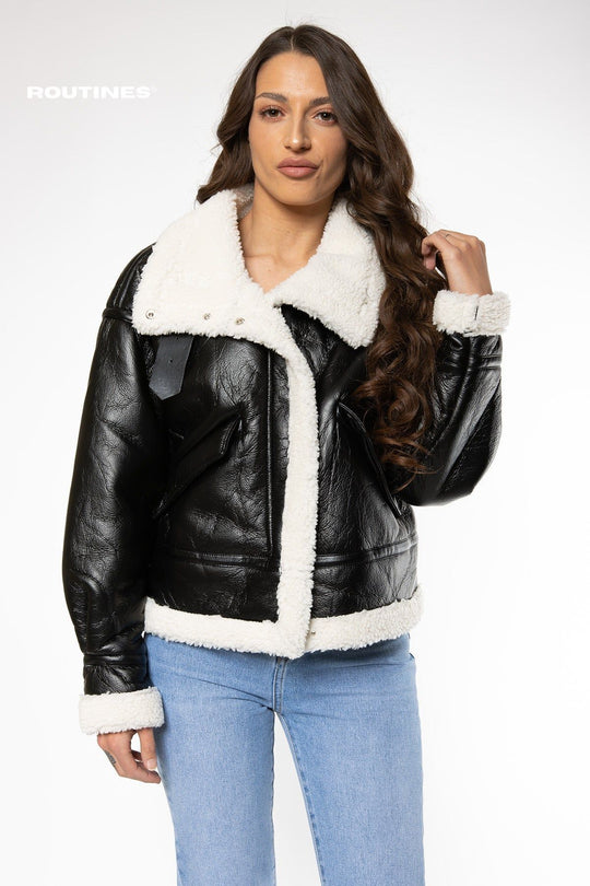 Janely PU Faux Fur Jacket - Black Jacket Routines Fashion   