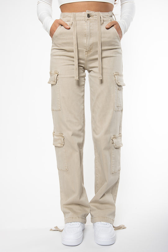 Janesa Stretch Cargo Jeans - Beige Jeans Routines Fashion   