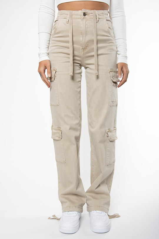 Janesa Stretch Cargo Jeans - Beige Jeans Routines Fashion   