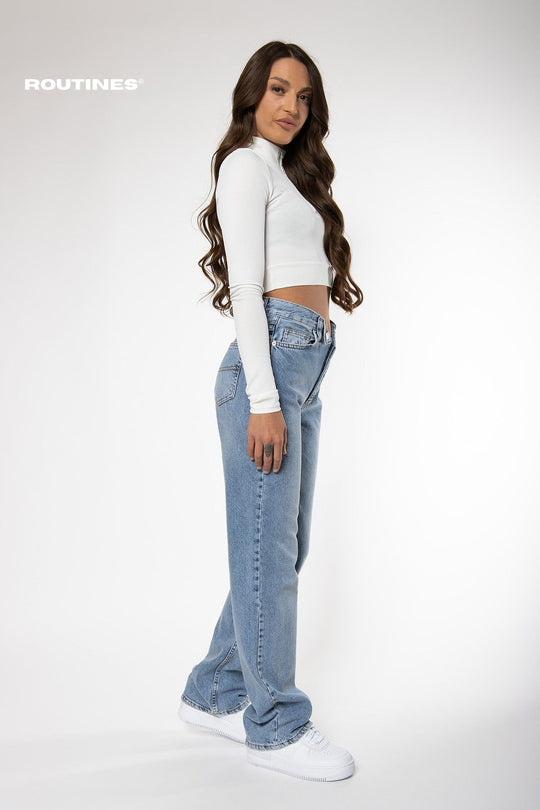 Kelsi Flipped Waistband Straight Leg Jeans Jeans Routines Fashion   