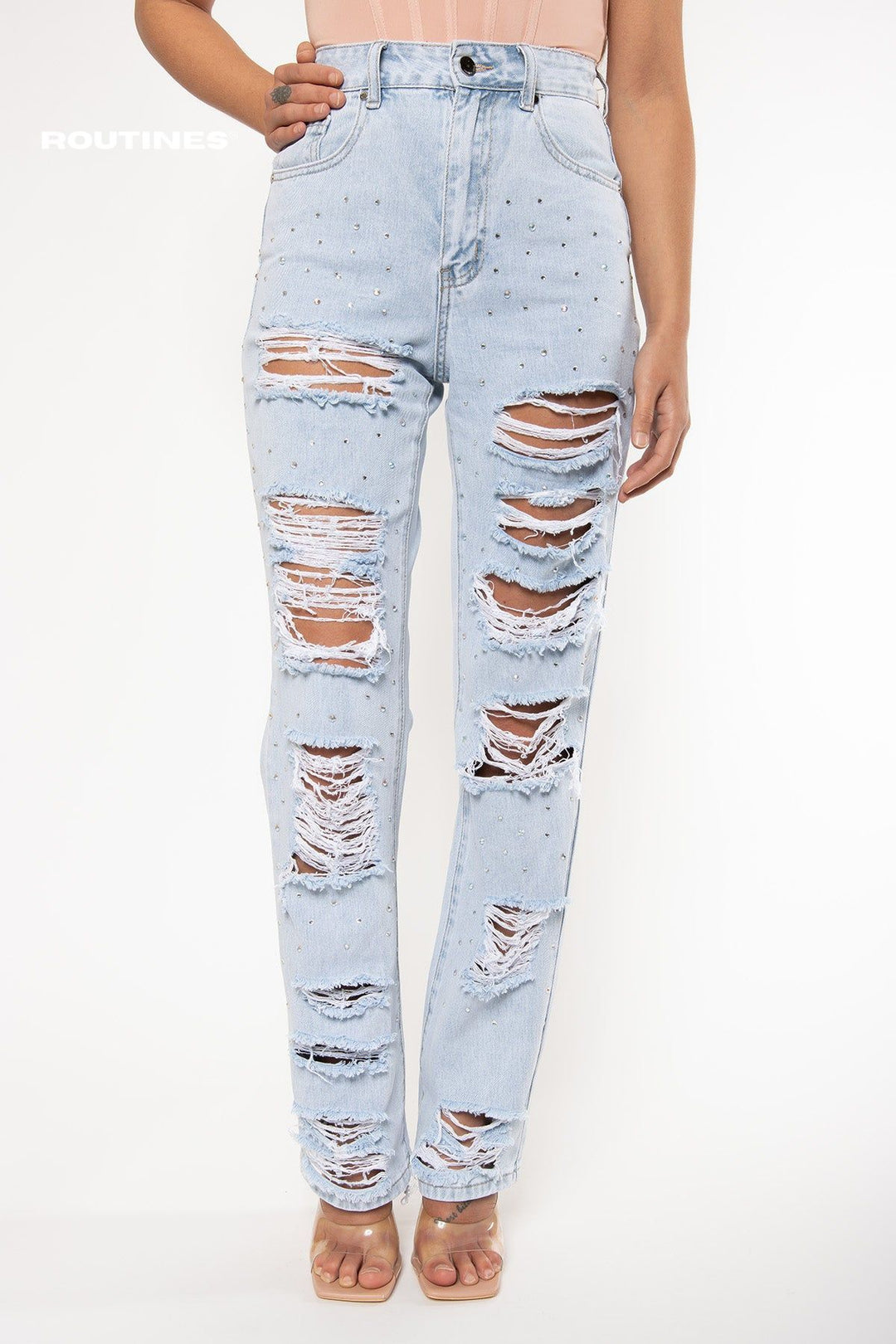 Kiana Glitter Ripped Straight Leg Jeans Jeans Routines Fashion   