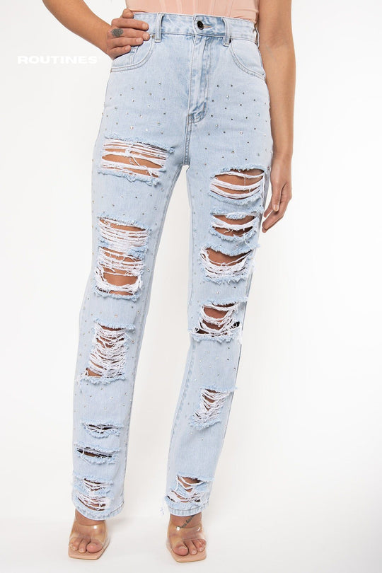 Kiana Glitter Ripped Straight Leg Jeans Jeans Routines Fashion   