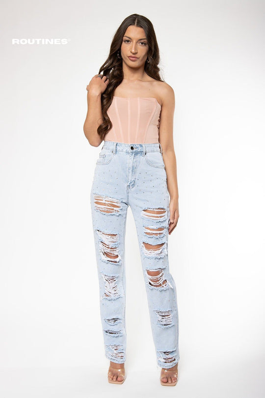 Kiana Glitter Ripped Straight Leg Jeans Jeans Routines Fashion   