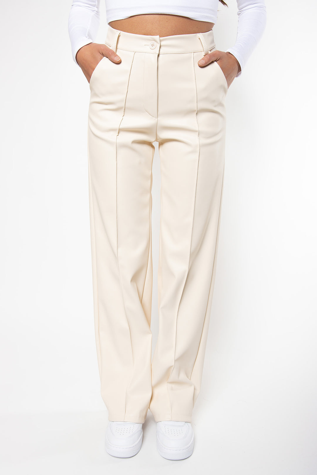 Logan Leatherlook Straight Pants - Cream Pants Routines Fashion   