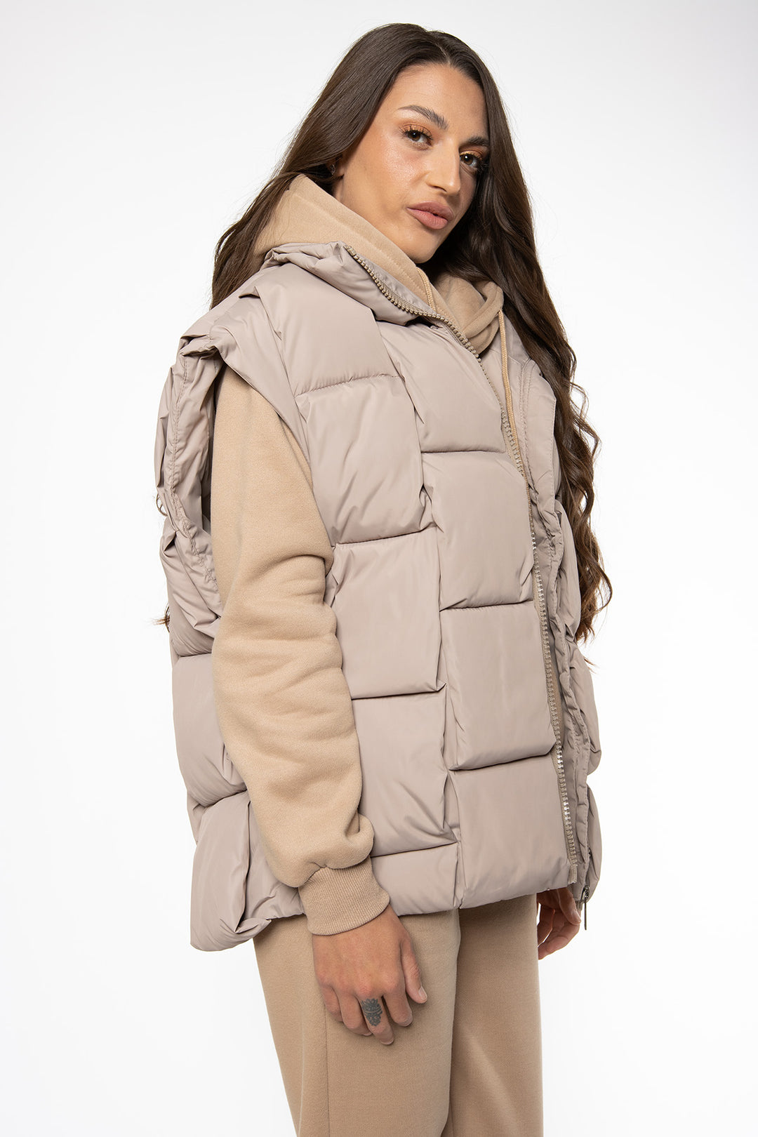 Makayla Oversized Bodywarmer - Beige Bodywarmer Routines Fashion   