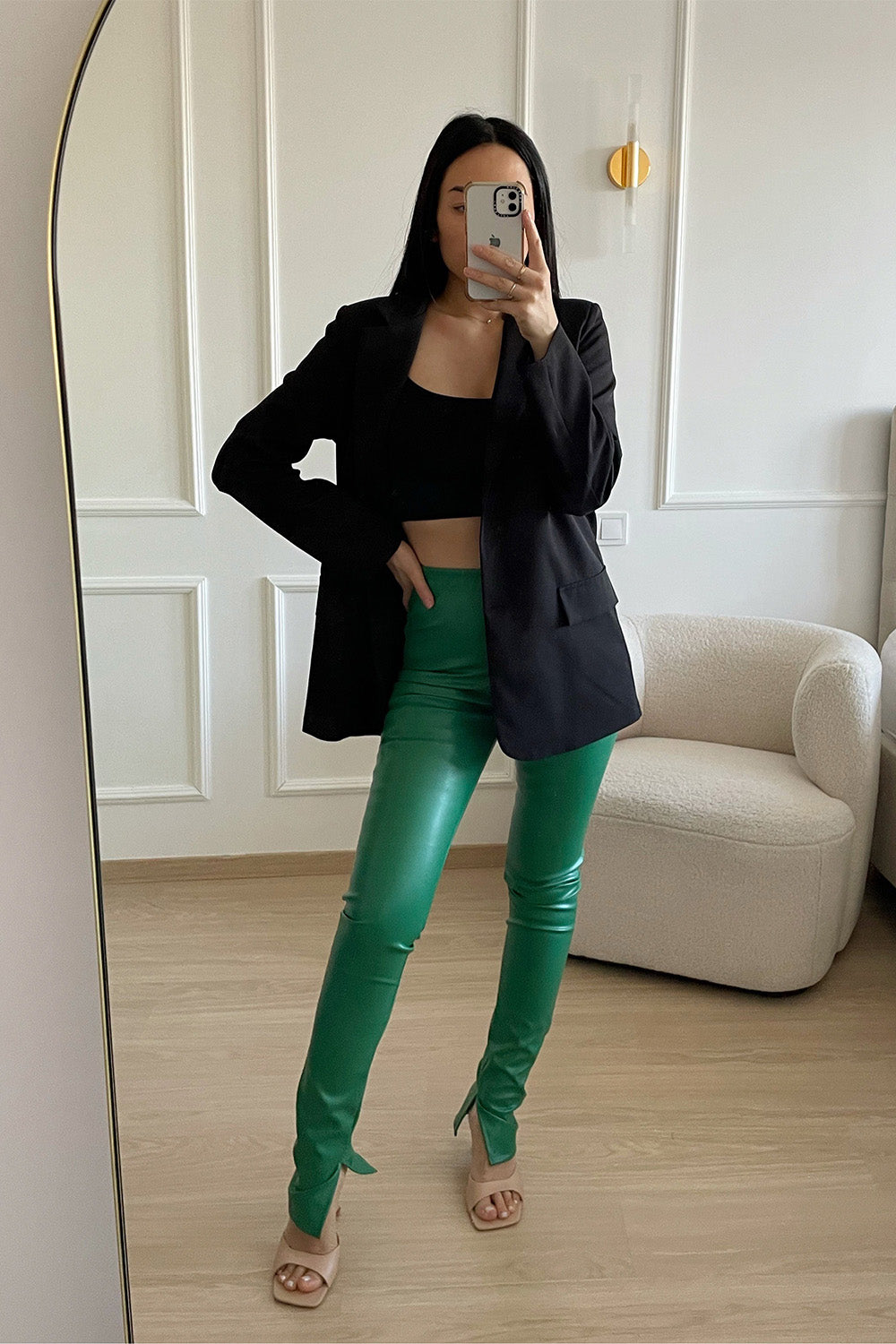 Milani Leatherlook Split Pants - Green Pants Routines Fashion   