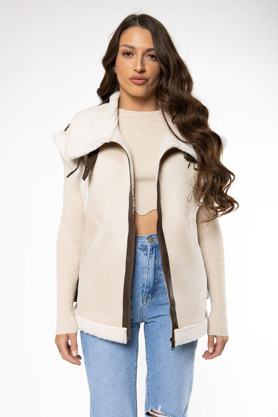 Naryia PU Faux Fur Gilet - Beige Gilet Routines Fashion   